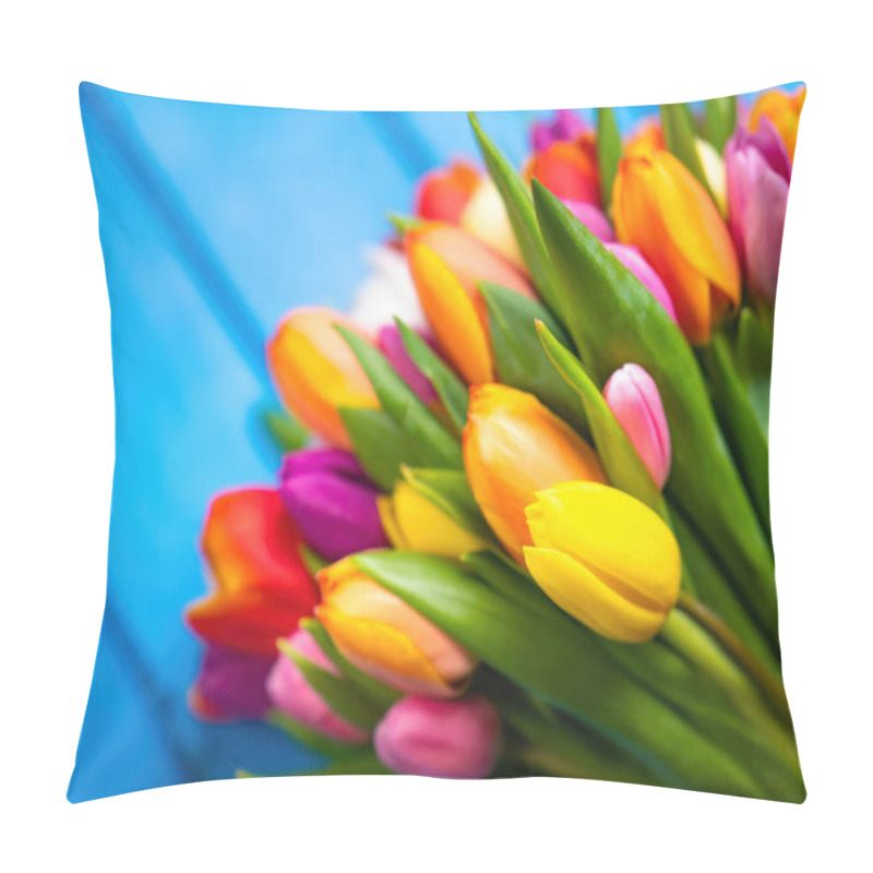 Personality  Colorful Bouquet Of Tulips On Blue Wooden Background. Spring Flowers. Greeting Card With Copy Space For Valentine's Day, Woman's Day And Mother's Day. Side View. Pillow Covers