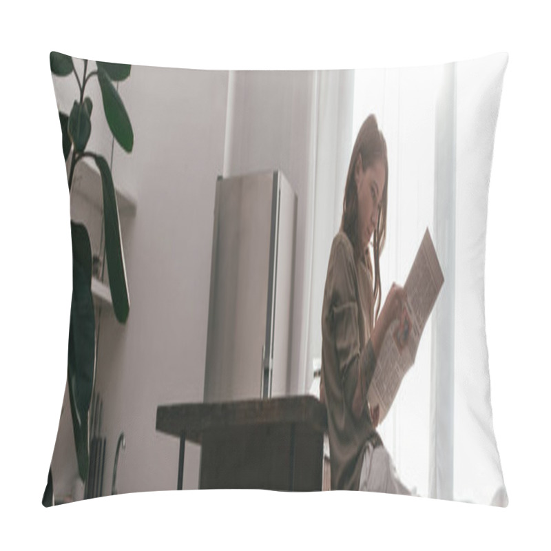 Personality  Side View Of Woman With Leg Prosthesis Reading Newspaper At Kitchen, Panoramic Shot Pillow Covers