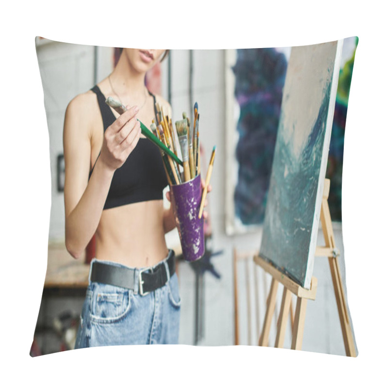 Personality  A Woman Gracefully Holding A Cup Of Paint And A Brush. Pillow Covers