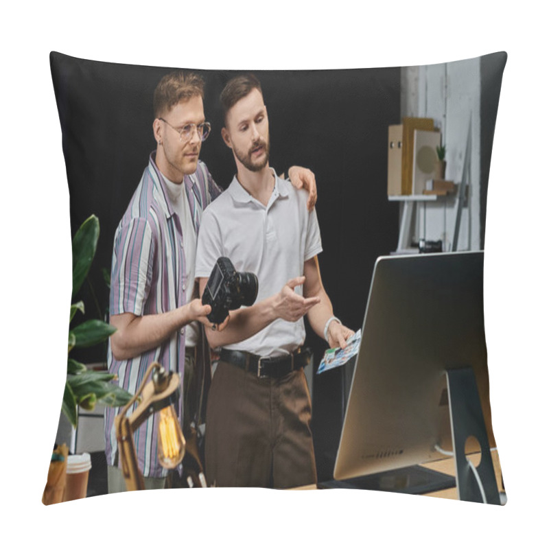 Personality  Two Men In Casual Attire Collaborating In Front Of A Laptop. Pillow Covers