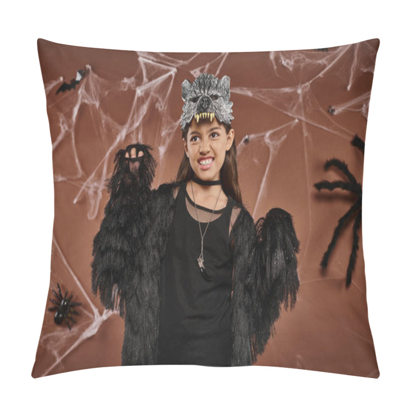 Personality  Close Up Of Preteen Girl In Black Attire And Wolf Mask Scaring With Raised Hands, Halloween Concept Pillow Covers