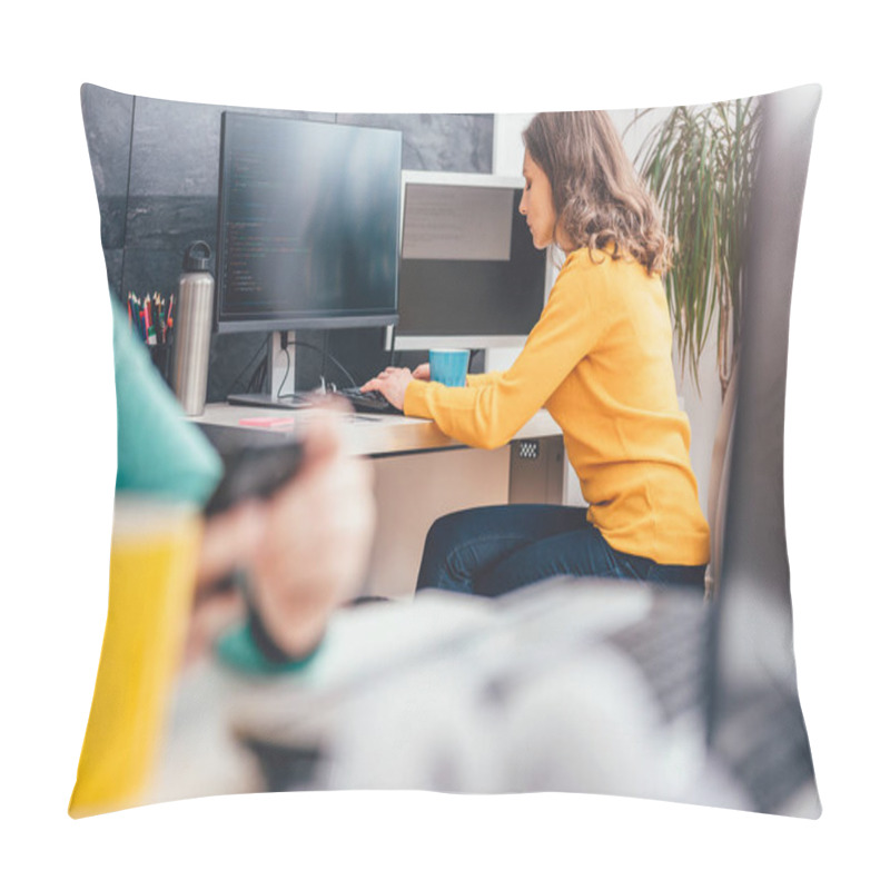 Personality  Female Working On The Computer At The Office And In The Foreground Girl Using Smart Phone Pillow Covers