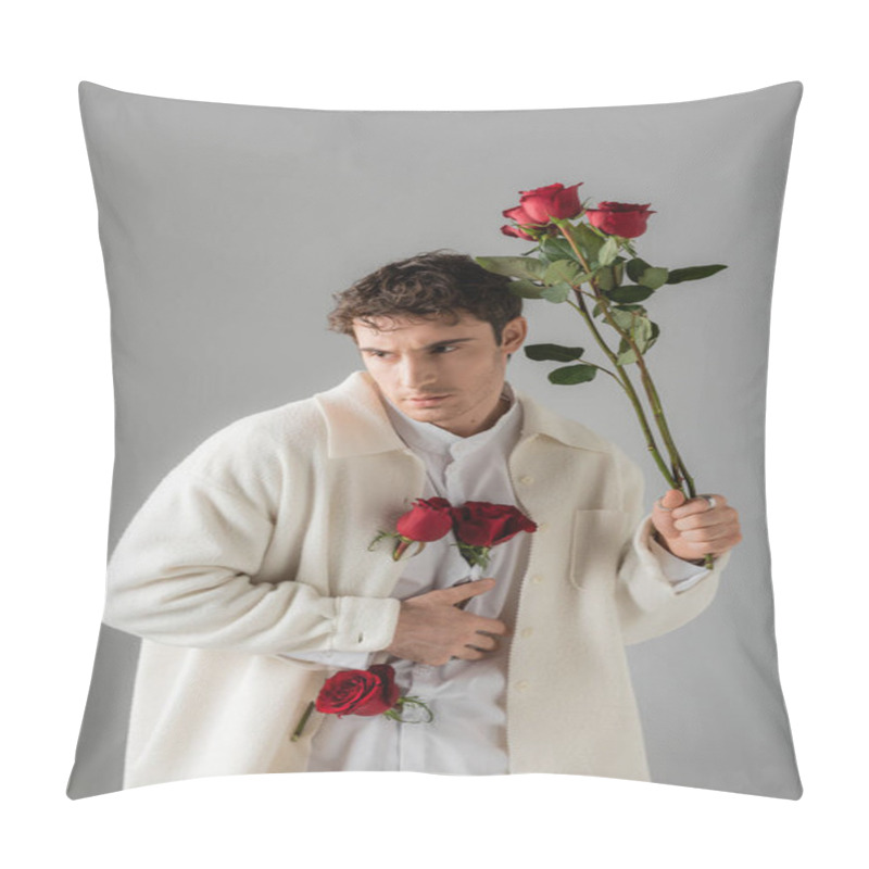 Personality  Trendy Man In White Soft Jacket Holding Red Roses And Looking Away Isolated On Grey Pillow Covers