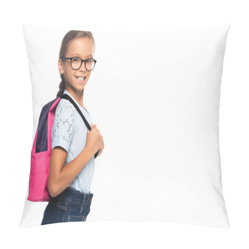 Personality  Schoolgirl In Glasses Looking At Camera And Touching Backpack Isolated On White  Pillow Covers