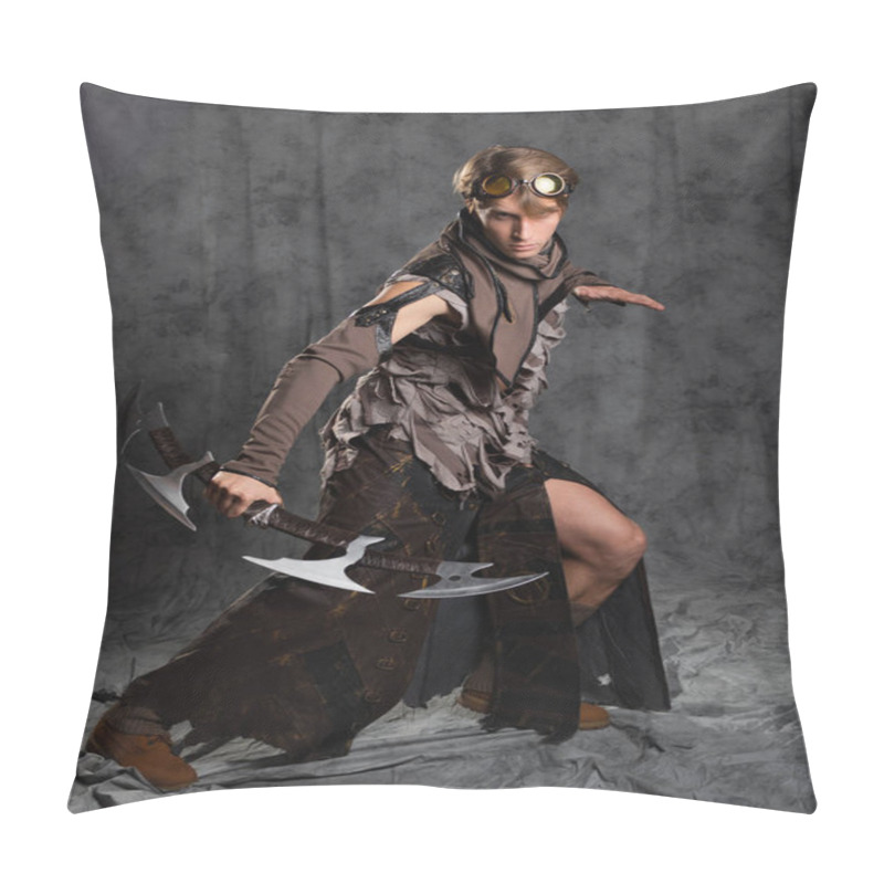 Personality  Steampunk Or Post-apocalyptic Style Character, With An Unusual Cold Weapon Pillow Covers