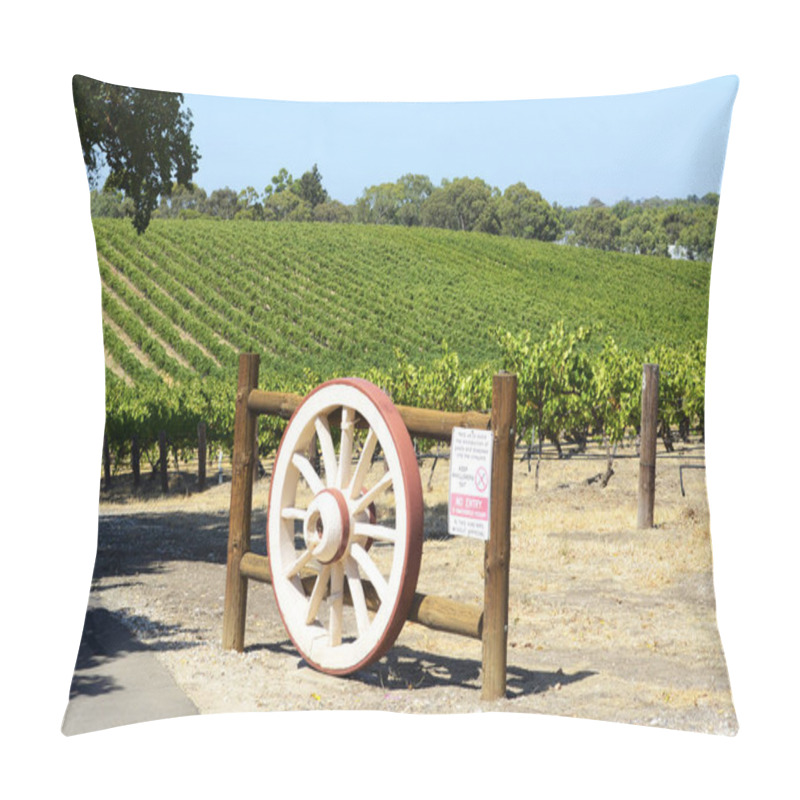 Personality  Rows Of Grape Vines With Wagen Wheel Gate, Barossa Valley, South Australia. Pillow Covers