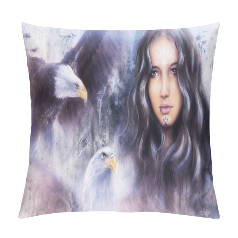 Personality  A Beautiful Airbrush Painting Of An Enchanting Woman Face With Two Flying Eagles Pillow Covers