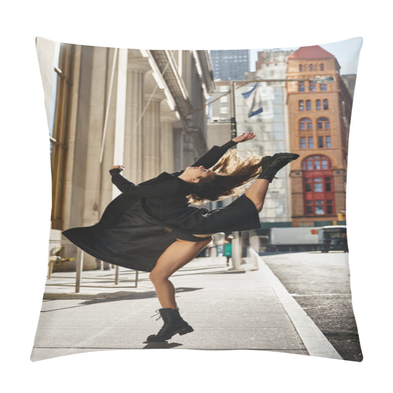 Personality  A Young Woman Dances In The Streets Of New York City, Her Movement Capturing The Energy Of The City. Pillow Covers