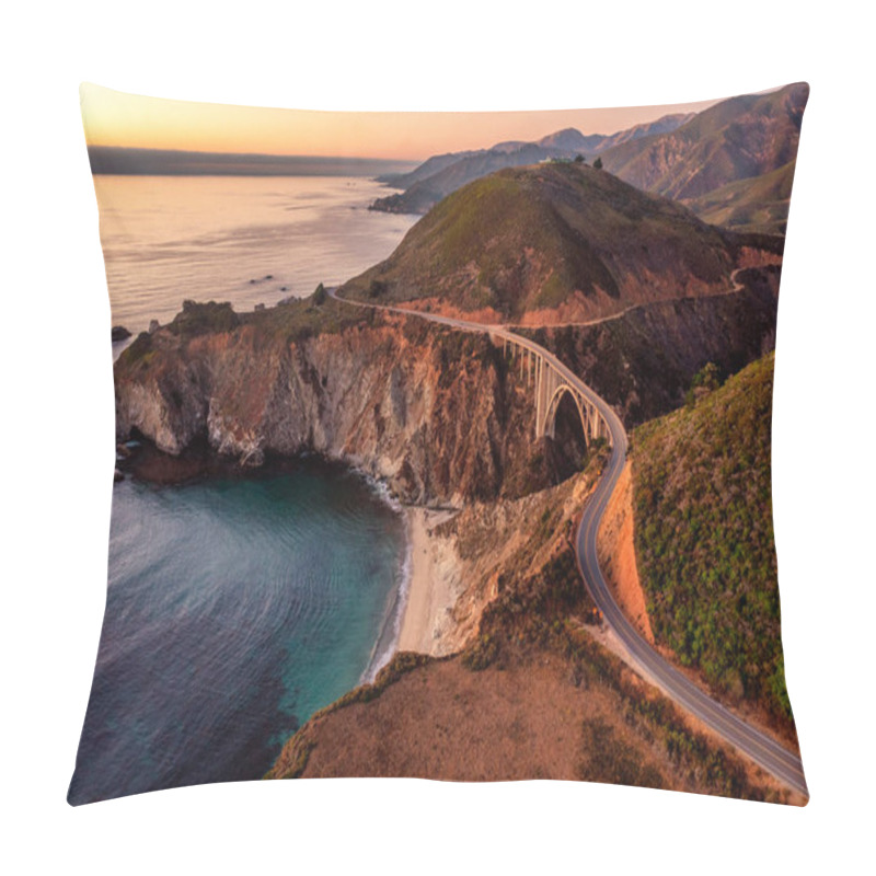 Personality  Bixby Bridge On Highway 1 And Big Sur Along Pacific Ocean Coast, Beautiful Landscape And Aerial View, Sunset, Sunrise, Fog. Concept, Travel, Vacation, Weekend. Pillow Covers