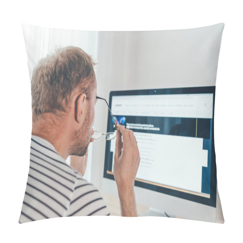 Personality  A Middle-aged Man Checking A Vision In Eyeglasses In Front Of The Modern Computer. Home Office, Distance, Or Freelance Work On Worldwide Quarantine Time Concept  Pillow Covers