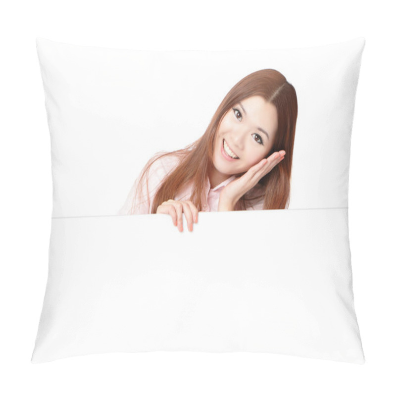 Personality  Business Woman Smile Showing Blank Billboard Pillow Covers