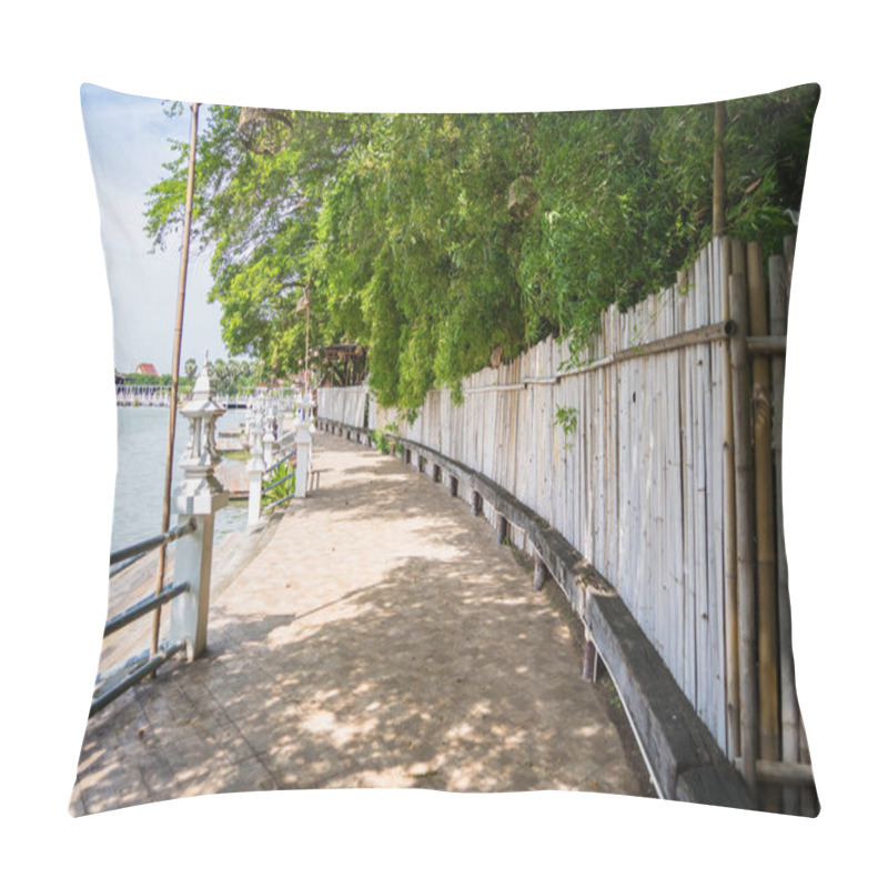 Personality  Nonthaburii, Thailand - September, 08, 2024 :Charming Riverside Walk: Nature's Embrace At Nonthaburii, Thailand. Pillow Covers