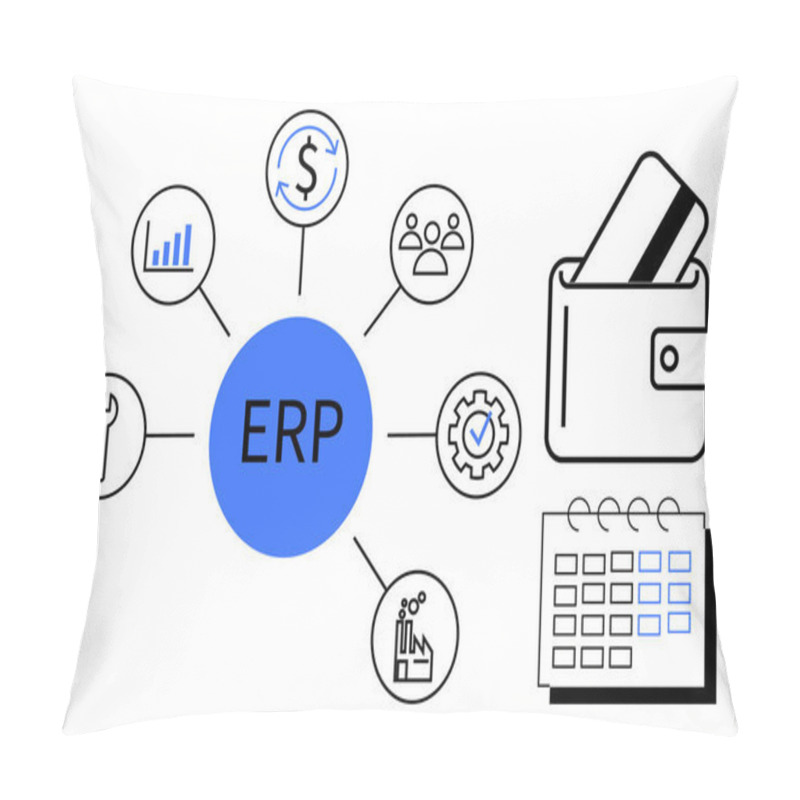 Personality  ERP Central Hub Connected To Icons For Financial Management, Workforce, Tools, Manufacturing, And Scheduling. Ideal For Business Management, Integration, Project Planning, Financial Systems HR Pillow Covers