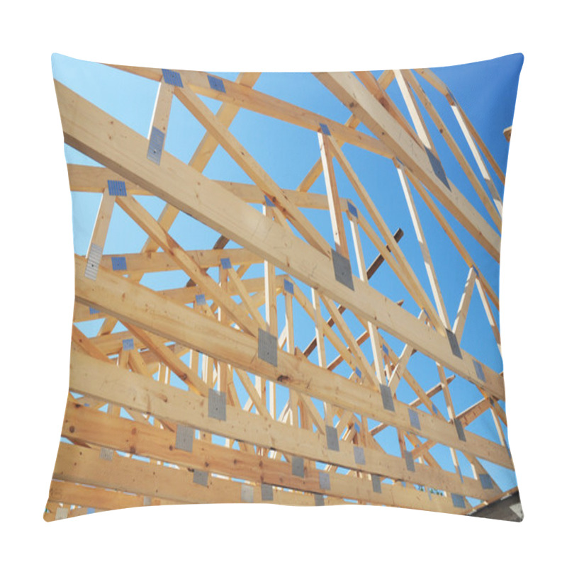 Personality  New Residential Construction Home Framing Against A Blue Sky. Roofing Construction. Pillow Covers