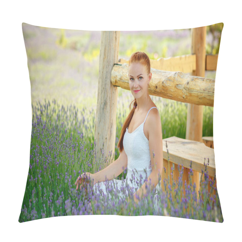 Personality  Cute Red-haired Girl In A White Dress In A Field Of Lavender, In Pillow Covers