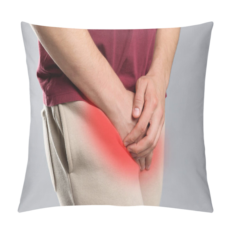 Personality  STD (sexually Transmitted Diseases). Man Holding Hands Near His Groin On Grey Background, Closeup Pillow Covers