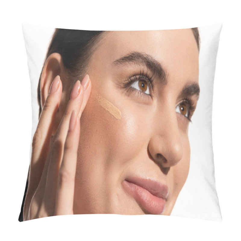 Personality  Close Up Of Young Woman With Soft Skin Applying Makeup Foundation On Cheek With Fingers Isolated On White  Pillow Covers