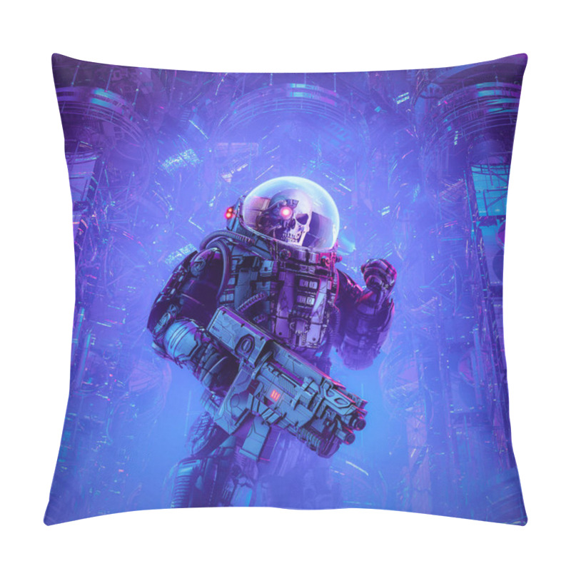 Personality  Death On Patrol - 3D Illustration Of Science Fiction Scene Showing Evil Skull Faced Astronaut Space Soldier With Laser Pulse Rifle Surrounded By Alien Machinery Pillow Covers