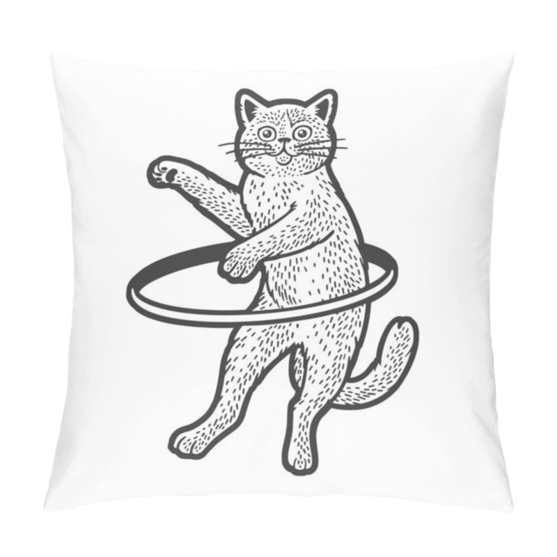 Personality  Cat Spins A Hula Hoop Ring Workout Sketch Engraving Raster Illustration. Scratch Board Imitation. Black And White Hand Drawn Image. Pillow Covers