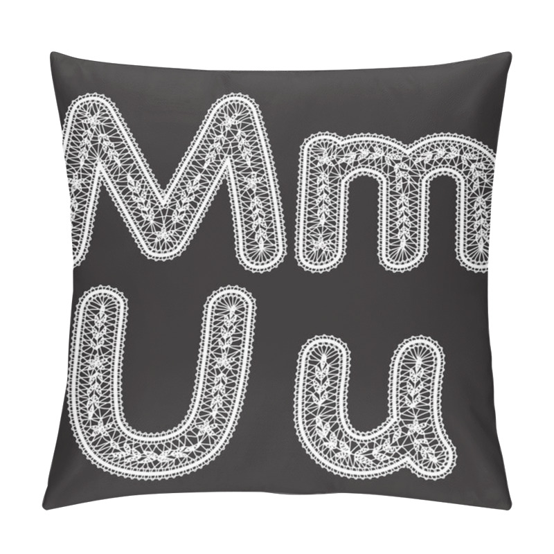 Personality  Uppercase And Lowercase Letters M And U Are Written By White Lace. Lace Type Font For The Inscriptions. Pillow Covers