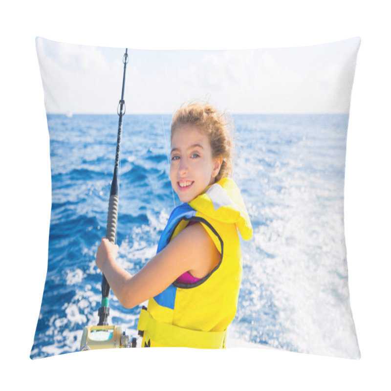 Personality  Kid Girl Boat Fishing Trolling Rod Reel And Yellow Life Jacket Pillow Covers