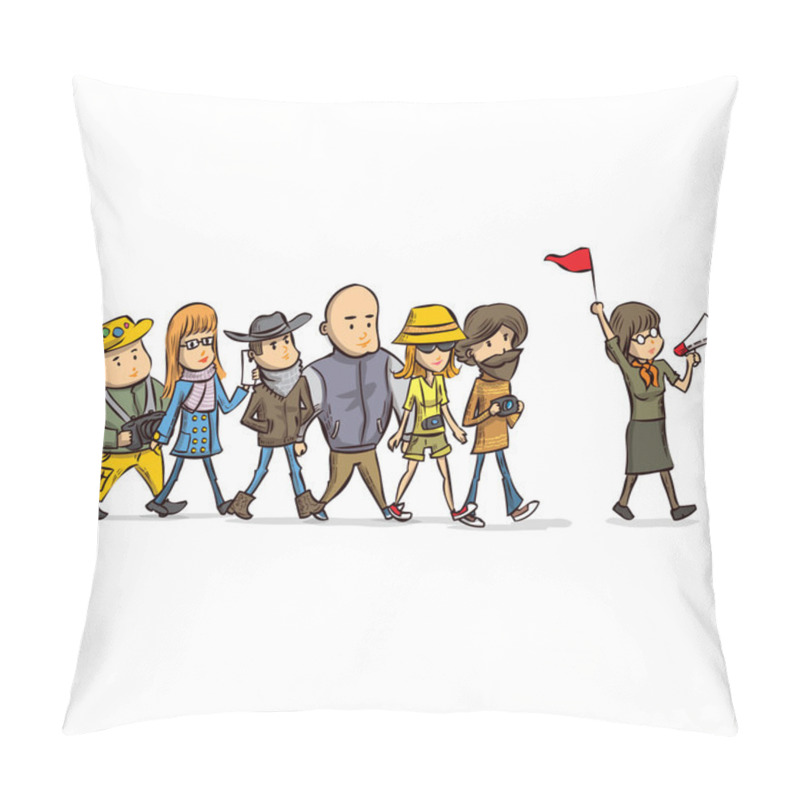 Personality  Tour Guide With Group Of Tourists Pillow Covers