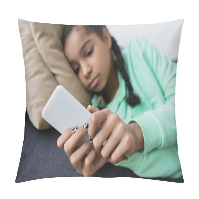 Personality  Blurred African American Teen Girl In Bad Mood Messaging On Mobile Phone While Lying On Couch Pillow Covers