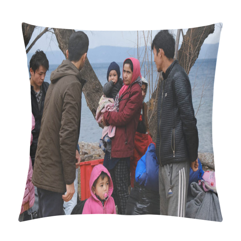 Personality  Refugees And Migrants Wait To Be Transferred To The Port Of Mytilene From The Village Of Skala Sikamias, On The Island Of Lesbos, Greece, March 4, 2020. Pillow Covers