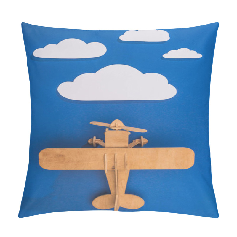 Personality  Top View Of Wooden Toy Plane In Blue Sky With Paper Cut White Clouds Pillow Covers