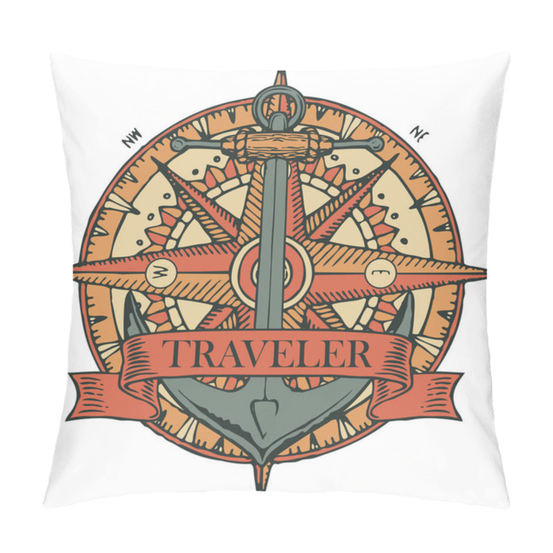 Personality  Retro Banner With A Ship Anchor, Wind Rose, Old Nautical Compass And Ribbon With Word Traveler. Vector Illustration On The Theme Of Travel, Adventure And Discovery On White Background Pillow Covers