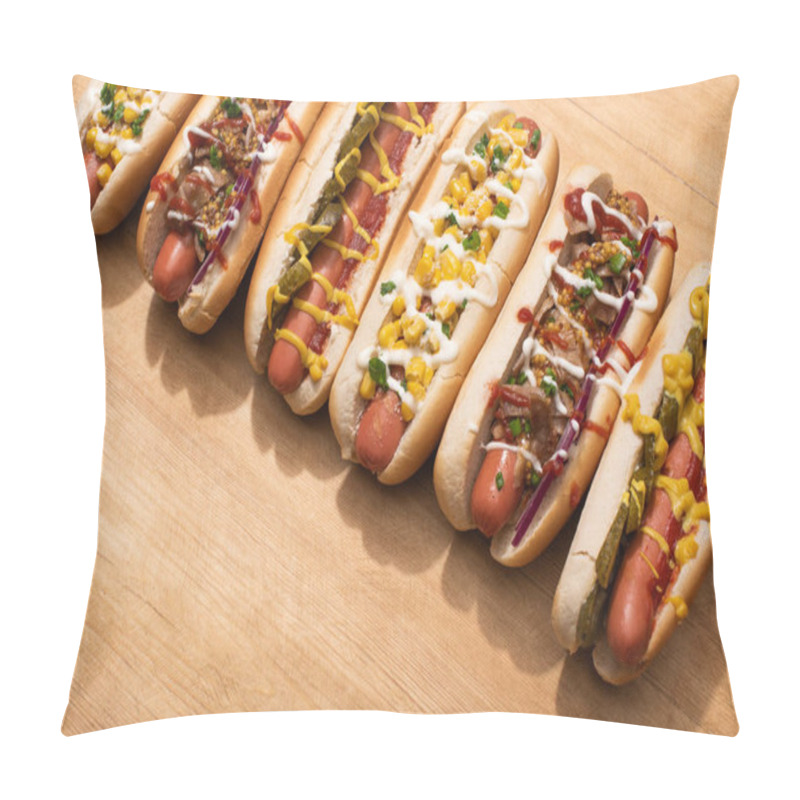 Personality  Various Delicious Hot Dogs With Vegetables And Sauces On Wooden Table Pillow Covers