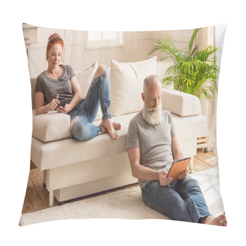 Personality  Mature Couple With Digital Devices  Pillow Covers