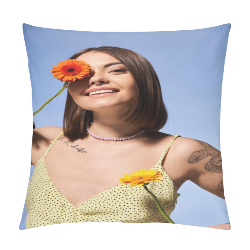 Personality  A Young Woman With Brunette Hair Gracefully Holds A Vibrant Flower In Her Hand. Pillow Covers