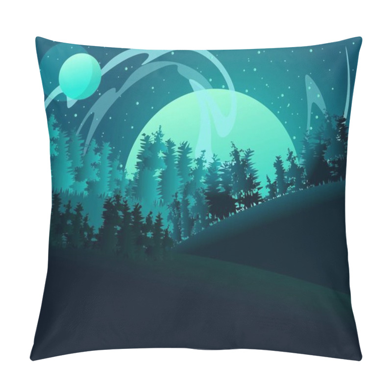 Personality  Full Moon Being Absorbed Into The Fog Of Other Planets. Forest Under A Planet And Northern Lights. Flat Illustration Of A Landcape With Aurora Borealis. Pillow Covers