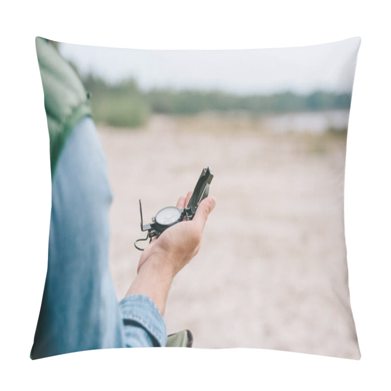 Personality  Partial View Of Traveler Holding Compass In Hand Pillow Covers