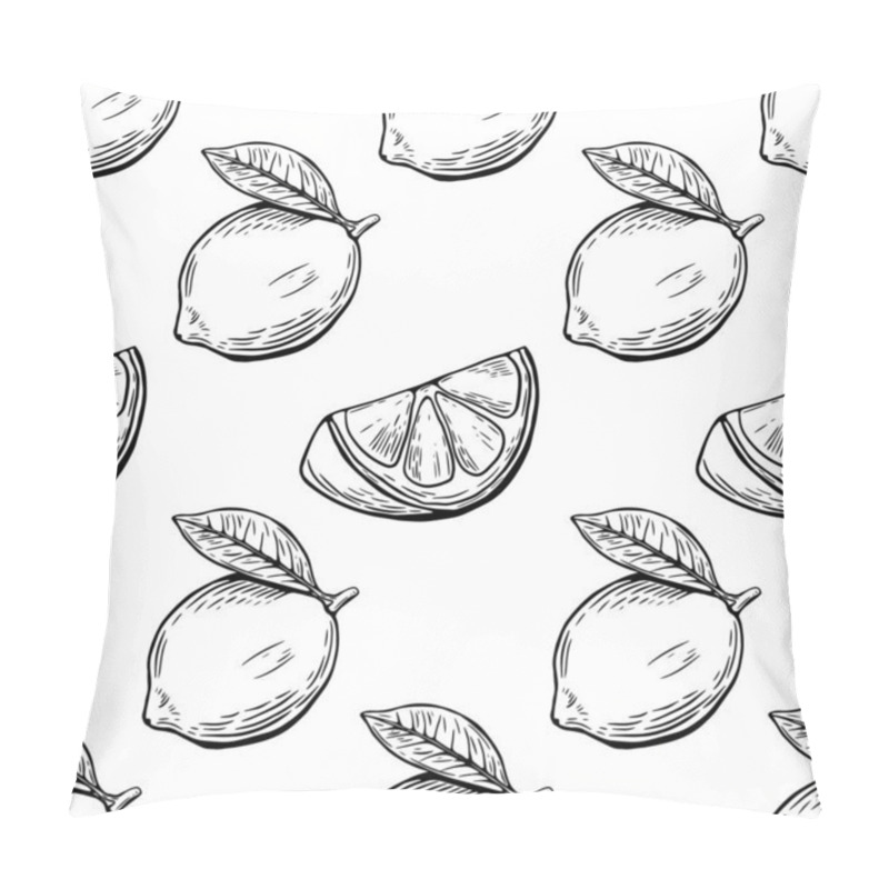 Personality  Seamless Lemon Sketch Pattern, Slice, Engraving And Black And White Line. Pillow Covers