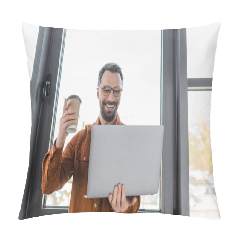 Personality  Successful Bearded Businessman In Trendy Shirt And Eyeglasses Holding Coffee To Go And Pointing Up With Finger During Video Call On Laptop In Modern Office, Corporate Lifestyle  Pillow Covers