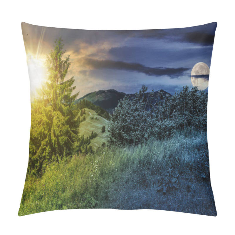 Personality  Fir Tree On A Meadow In Mountains Landscape With Sun And Moon At Twilight. Day And Night Time Change Concept. Mysterious Countryside Scenery In Morning Light Pillow Covers