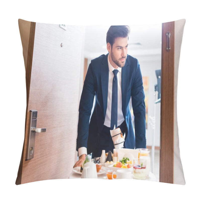 Personality  Selective Focus Of Handsome Receptionist Bringing Breakfast On Hotel Food Trolley  Pillow Covers