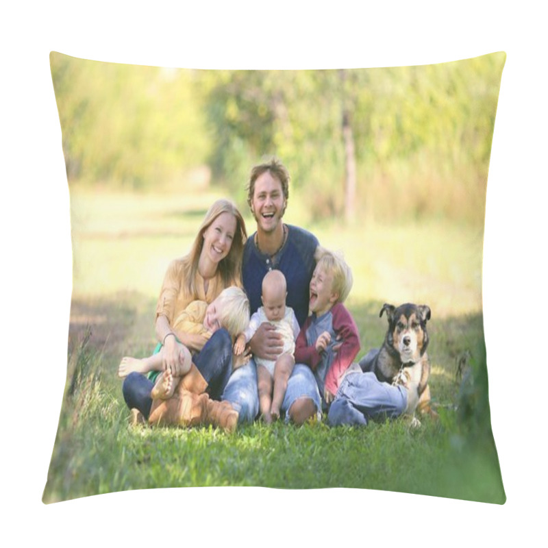 Personality  Happy Family Laughing Together With Dog Outside Pillow Covers