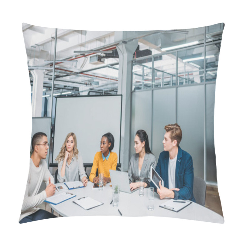 Personality  Business Partners Having Conversation At Modern Loft Office Conference Hall Pillow Covers