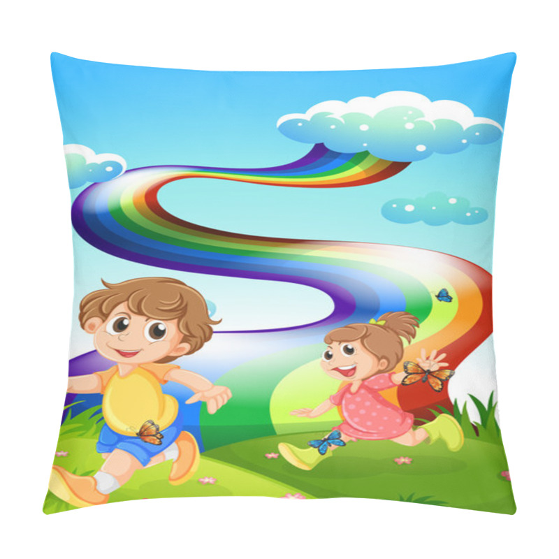 Personality  Kids Walking At The Hill With A Rainbow In The Sky Pillow Covers