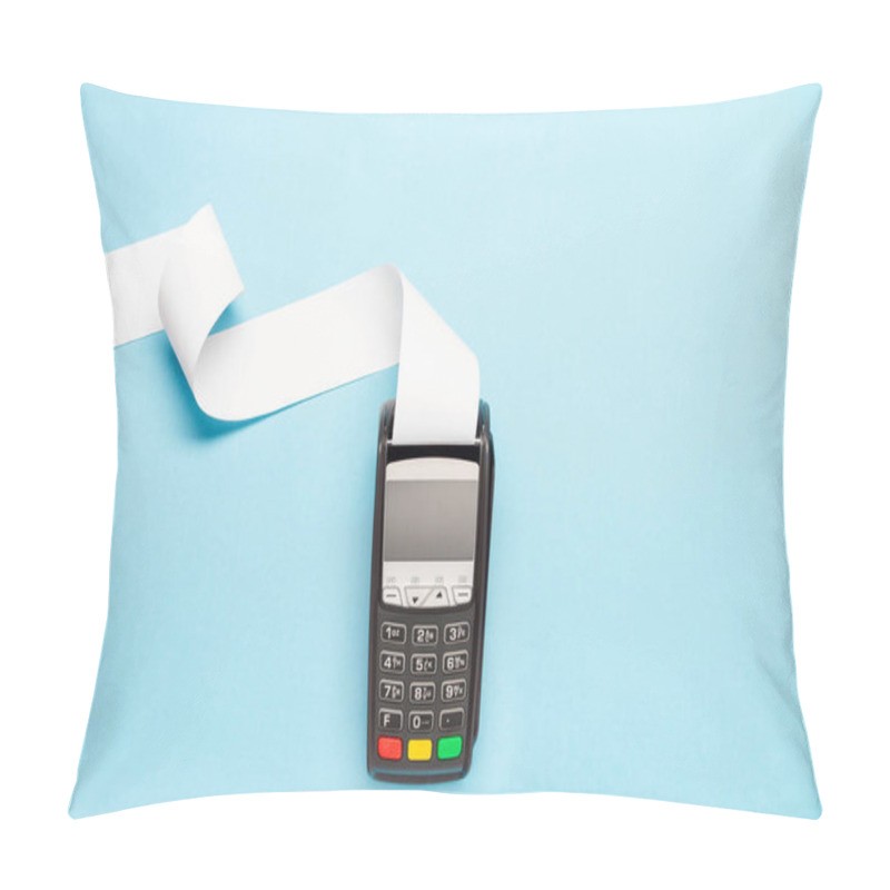 Personality  Pos Terminal With Long Cash Register Tape On Blue Background. Shopping Theme Pillow Covers