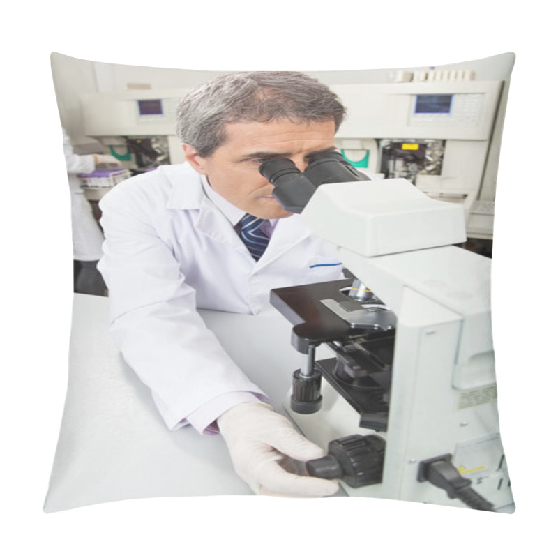 Personality  Male Researcher Using Microscope In Lab Pillow Covers