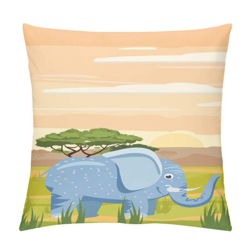 Personality  Elephant On The Background Of The African Landscape, Savanna, Cartoon Style, Vector Illustration Pillow Covers