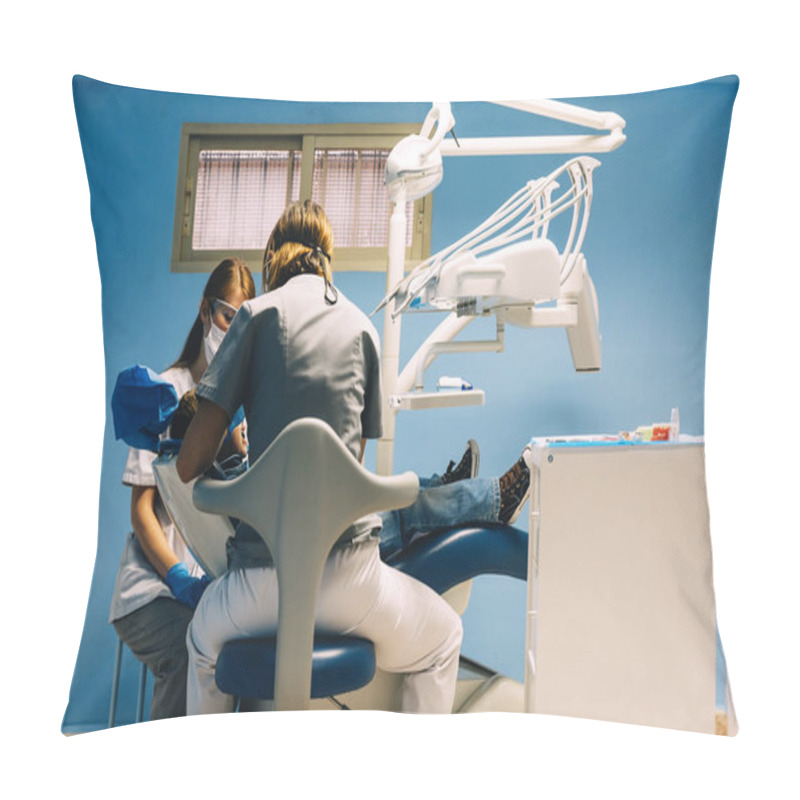 Personality  Dentists With A Patient During A Dental Intervention To Boy. Pillow Covers