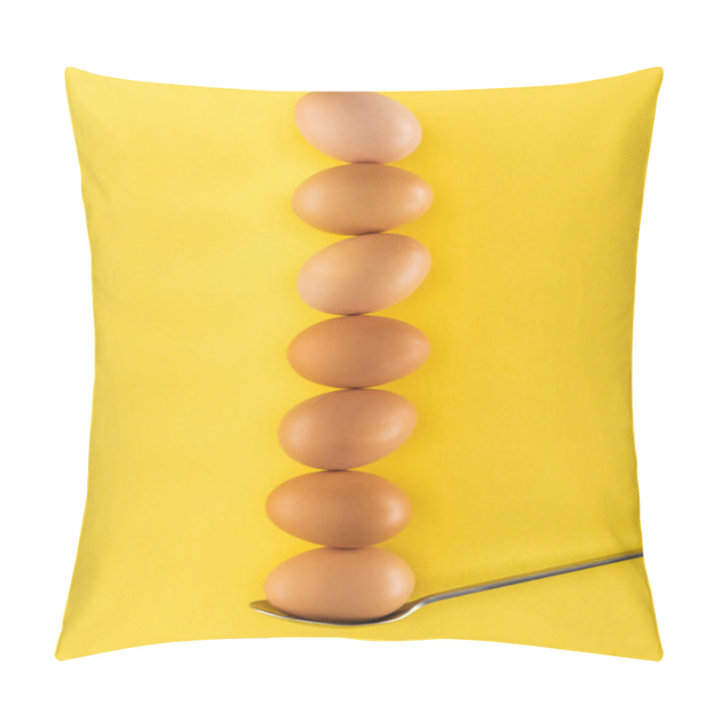 Personality  Seven Brown Chicken Eggs On Spoon On Yellow Background Pillow Covers