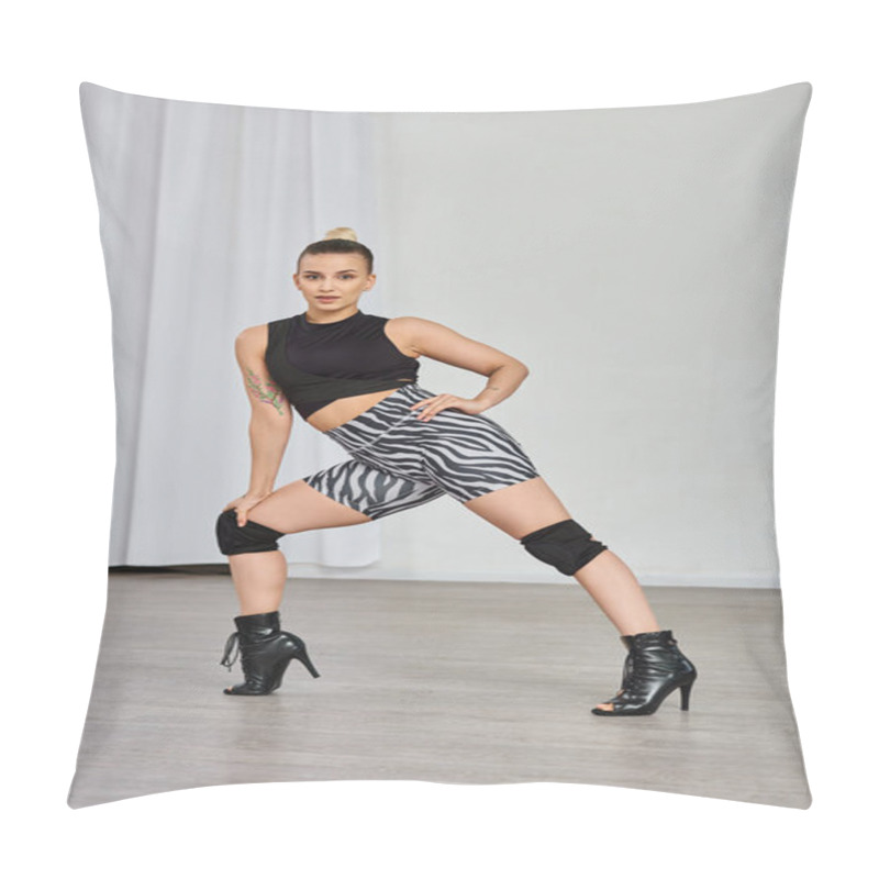 Personality  A Graceful Dancer Strikes A Pose, Showcasing Her High Heels And Movements Against The Indoor Wall Pillow Covers