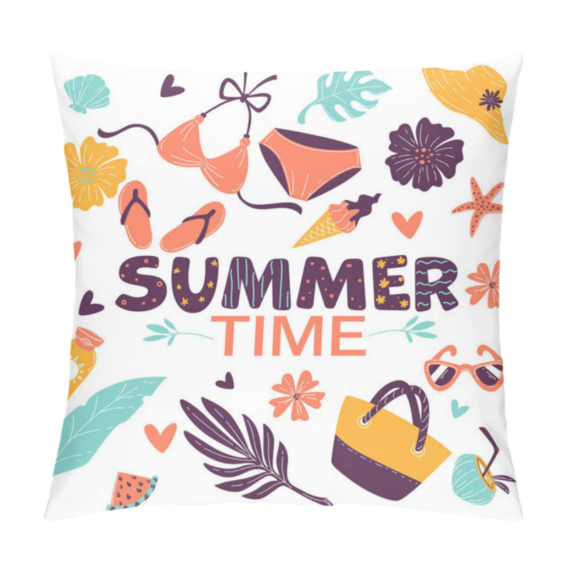 Personality  Vacation Poster With Swimming Suit And Hat, Bag And Flip Flops. Summer Time Banner With Tropical Leaves And Flowers. Clothes And Accessories, Decoration For Beach Travel Or Holidays, Vector In Flat Pillow Covers