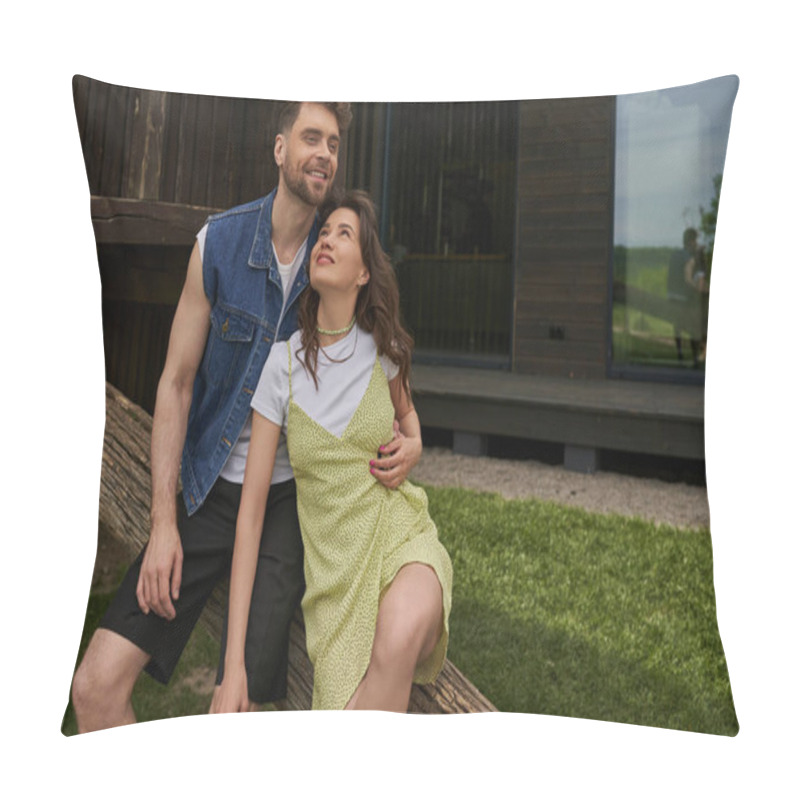 Personality  Positive An Bearded Man In Denim Vest Hugging Stylish Girlfriend In Sundress And Sitting Together On Wooden Log While Relaxing In Rural Setting, Countryside Retreat Concept Pillow Covers